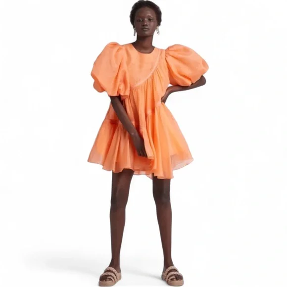 Aje Riviera Asymmetric Braided Puff Sleeve Dress Mandarin Orange 4 NWOT